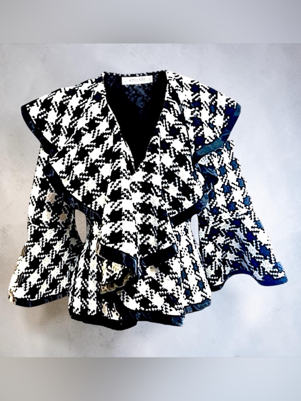 ANTHROPOLOGIE RYU Label Woven Black & Ivory Check Peplum Blazer S